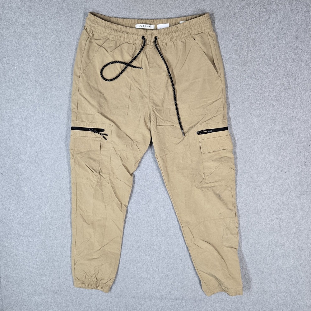 Pacsun Men Pants M Tan Jogger Relaxed Zipper 26" Inseam Logo